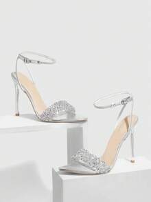 CUCCOO SZL Women's Fashionable White Transparent Clear PVC Crystal Heeled Mule Sandals, Square Toe Mid Heel Sandals For Commute, Date, Party, Holiday, Wedding Spring Shoes Summer - Silver 19 - View 3