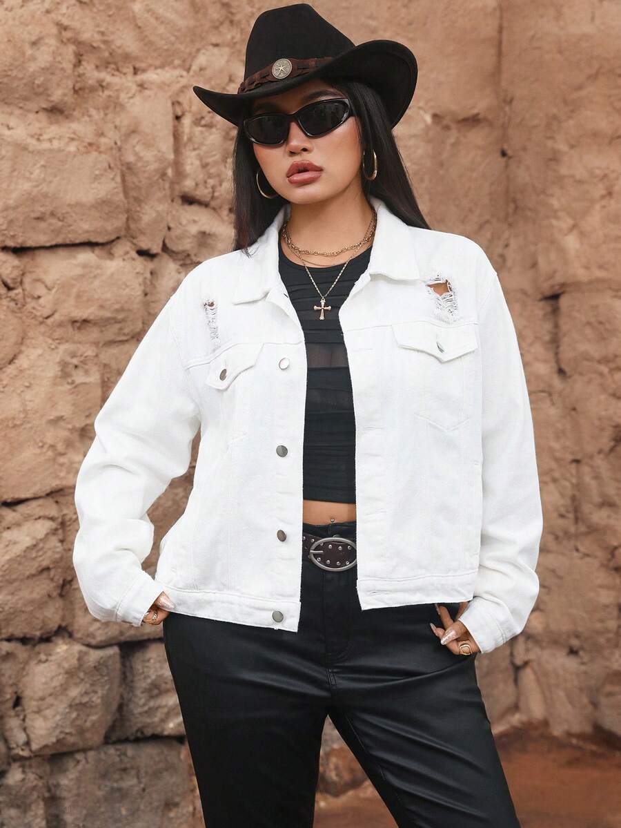 SHEIN ICON Plus Size Casual Solid Color Distressed Denim Jacket - White - View 1