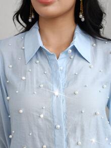 Modelyn Blusa holgada con cuentas de burbuja de color azul claro, primavera/verano - Celeste - Ver 3