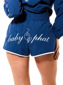BABYPHAT 女士蓝色尼龙跑步运动短裤，饰有白色滚边和品牌标识，适合夏季运动穿着 - 寶藍色 - 查看 1