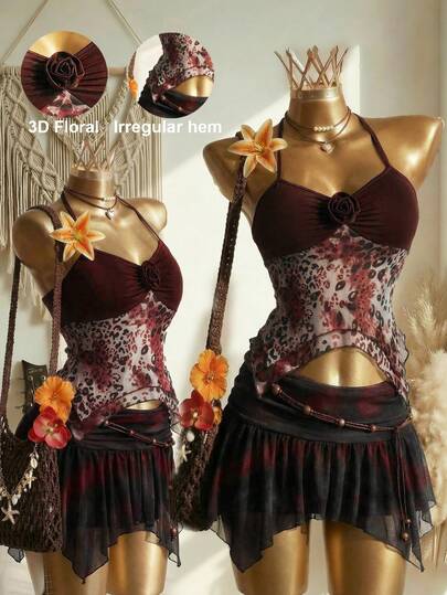 Elin Vora Women's Casual Sleeveless Halter Top With Textured Pattern Contrast Mesh And Asymmetrical Hem For Everyday Wear