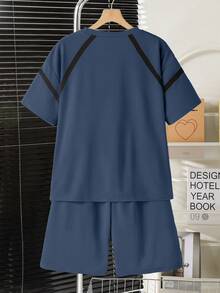 SHEIN Vacaura Boy 2件套青少年春夏秋季插肩袖撞色条纹T恤和口袋短裤休闲运动时尚套装 - 藍色 - 查看 2