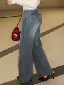 Turnttoni 女士時尚高腰簡約設計直筒寬腳牛仔褲 - 深色水洗藍 - 查看 5