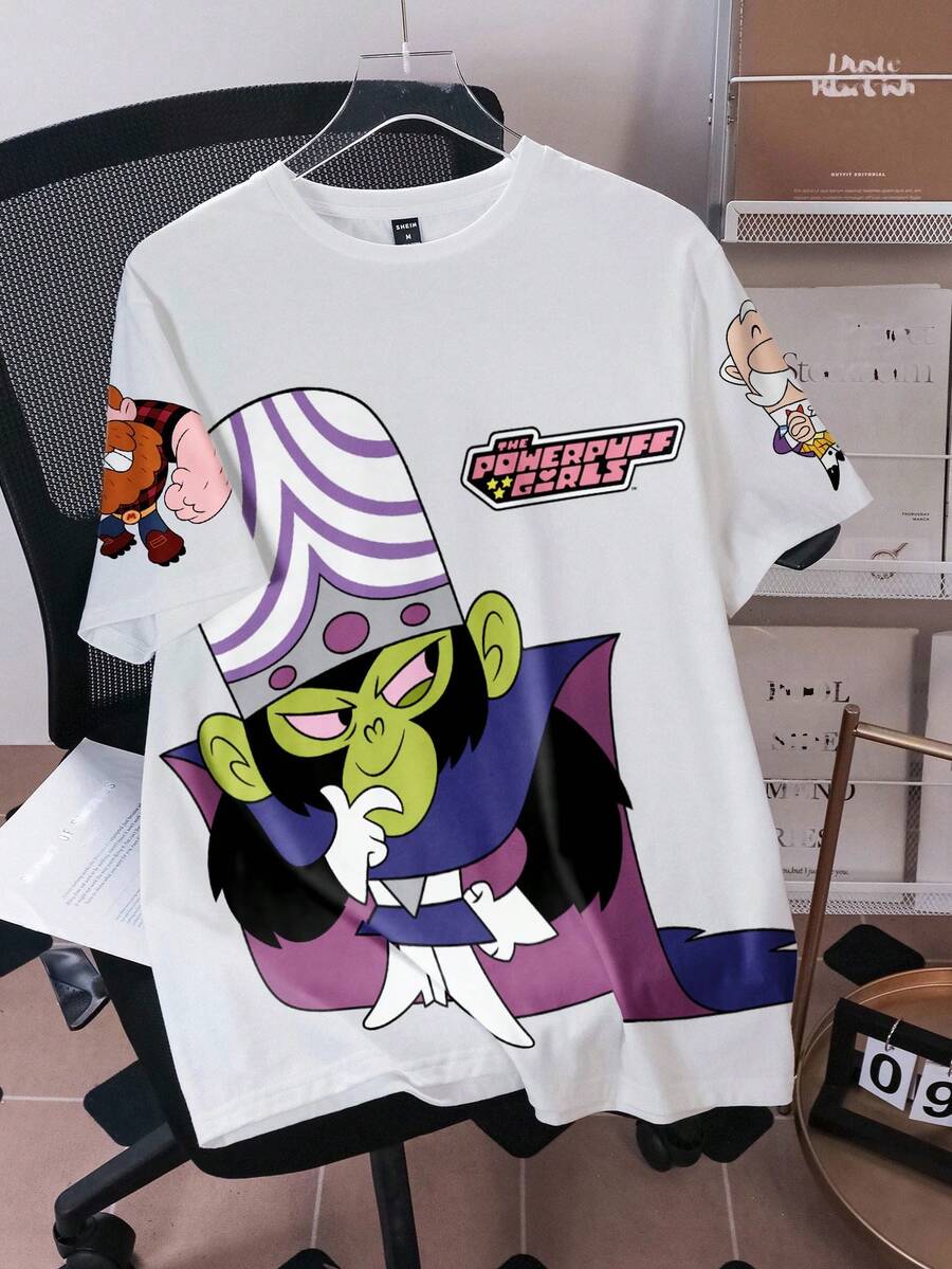 THE POWERPUFF GIRLS X SHEIN Men's Casual Cartoon Pattern Round Neck Short Sleeve T-Shirt, Summer - White - View 1