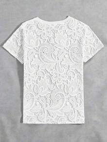 Áo thun nữ in ren, kiểu dáng thoải mái, cổ tròn, tay ngắn, phù hợp mặc hàng ngày. - trắng - Xem 2