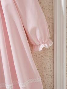 Souflis Souflis Girls' Vintage French Style Pink Fairy Summer Party Dress,Loose Floral Embroidery Lace Trim Contrast Collar Long Sleeve Casual School Photography - Pink - View 10