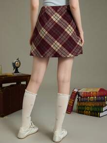 Elnivra 女士格子羊毛混纺A字半身裙，高腰显瘦复古厚格纹半身裙，秋冬款 - 彩色 - 查看 2