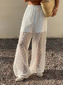 Livesso Women's Drawstring Waist Wide Leg Loose Casual Pants - White - View 5