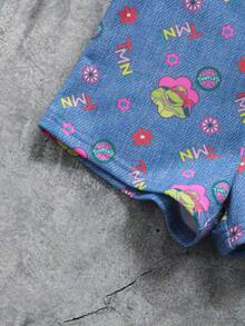 TEENAGE MUTANT NINJA TURTLES | SHEIN Bộ áo liền quần cho bé gái in chữ hoạt hình, kiểu dáng thường ngày, đa năng, phù hợp mặc hàng ngày. - Màu xanh hải quân - Xem 6
