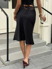 Siren Gaze Summer Low-Waisted Lace-Trimmed A-Line Midi Black Slim-Fit Skirt – An Elegant And Sophisticated Goddess-Style Skirt, Perfect For Commuting Long Skirt Low Waist Skirt Elegant Skirt Black Skirt - Black - View 2