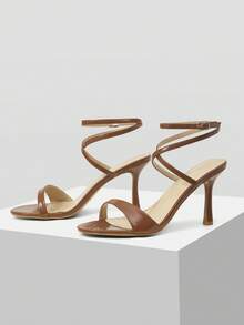 MOTF PREMIUM Sandal Hak Tinggi Satu Tali Ujung Bulat Kulit PU untuk Musim Semi - Coklat - View 6