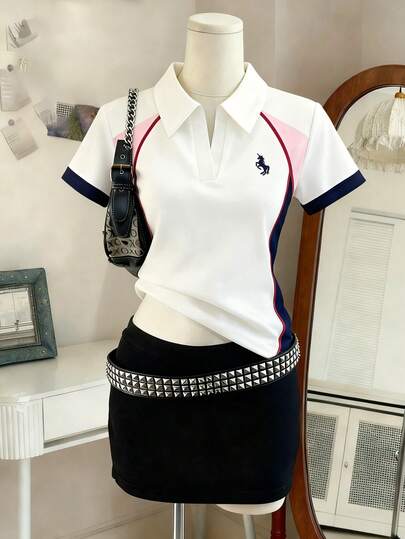 Lalippa 女士休闲撞色短袖上衣，夏季