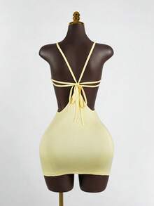 SaltGleam SaltGleam Sexy Hollow Cross Backless Strap Summer Vacation Slip Dress - Yellow - View 3