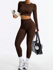 Dewbera Dewbera Women's Leopard Print Round Neck Backless Long Sleeve Top And Tight Leggings Casual Sports Suit - Coffee Brown - View 6