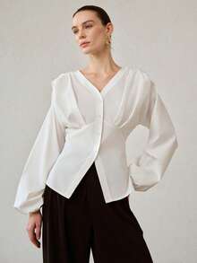 MOTF PREMIUM WOMEN'S PLEATED DROP SHOULDER FITTED BLOUSE FOR COMMUTING - White - View 4