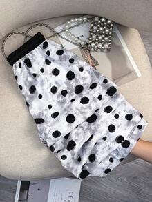 GlowEve Women's Drawstring Waist Polka Dot Pattern Wide Leg Loose Casual Pants - Black and White - View 2