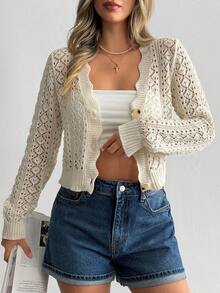 SHEIN Cardigan kimono leggero e traforato da donna con scollo a V e bottoni davanti, lunghezza corta, capo estivo traspirante da sovrapporre per uno stile casual alla moda europeo - Bianco - Visualizzare 5