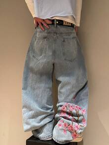 Manfinity Roghcode Casual Chic Peach Blossom Embroidery Design Loose Wide-Leg Jeans - Blue - View 3