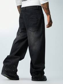 Rick and Morty X SHEIN 男士口袋纽扣字母图案休闲百搭日常穿着阔腿牛仔裤 - 黑色 - 查看 2