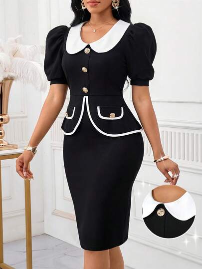 SHEIN Lady Women's Elegant Commuter Puff Sleeve Top And Skirt 2 Pieces Set Captains Dinner Dress Skirt Suit Suit Dress Dress For Church For Women Business Dress