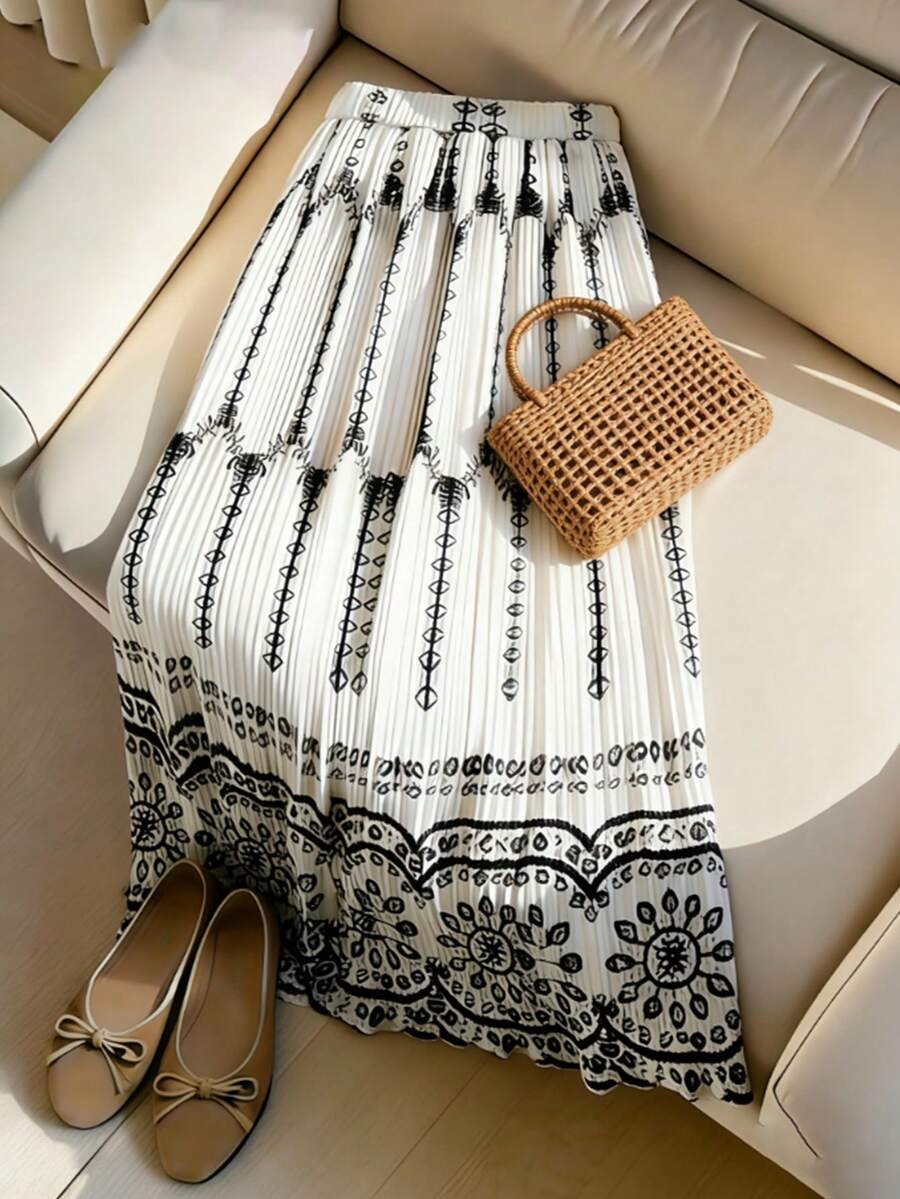 Franclia 优雅印花休闲通勤A字半身裙，黑白配色，春夏款 - 黑與白 - 查看 1