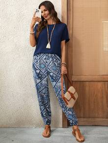 EMERY ROSE 女士纯色圆领短袖上衣和裤子休闲两件套 - 藏蓝色 - 查看 6