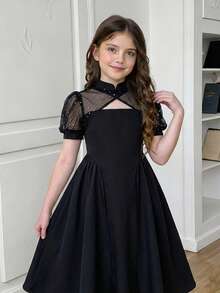 Firerie Kids Tween Girls Lace Petal Sleeve Waist Splice Dress, White, Elegant, Sweet, Cute, Versatile, Suitable For Holidays And Parties - Black - View 1