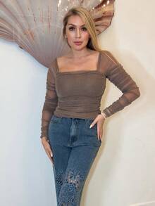 Cioccolato 拼接網紗褶邊金屬亮絲上衣 - 摩卡棕 - 查看 4