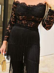 Cioccolato Fringe Trim Flare Leg Pants - Black - View 3