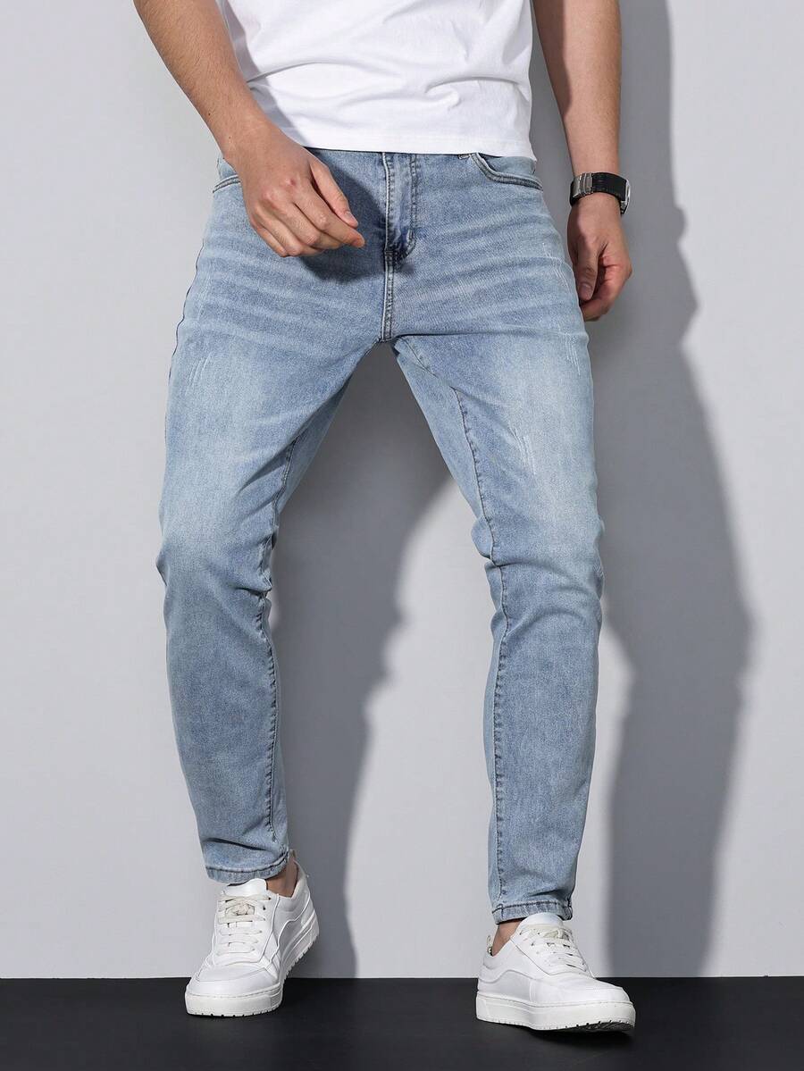 Manfinity Homme Men's Light Blue Embroidered Stretch Slim Fit Jeans - Light Wash - View 1