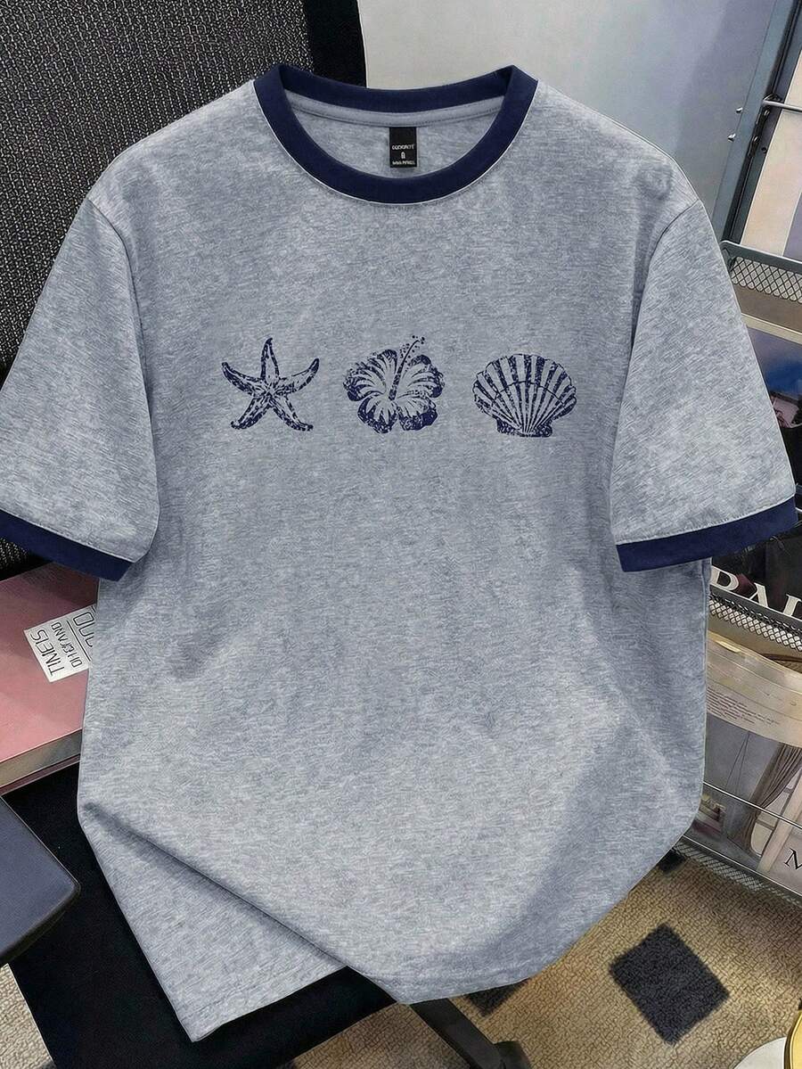 Manfinity Joysei 标准尺码男士灰色和藏蓝色袖口海星印花T恤 - 彩色 - 查看 1