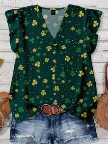 EMERY ROSE Plus Size Women's St. Patrick's Day Four-Leaf Clover All-Over Print Shirt, Suitable For Summer Spring Summer Shirts - Multicolor - View 1