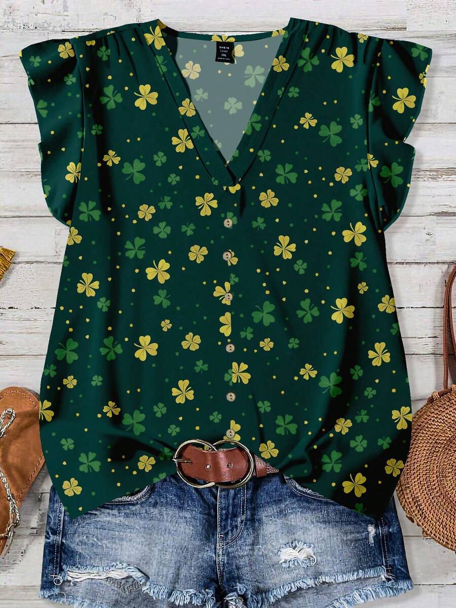 EMERY ROSE Plus Size Women's St. Patrick's Day Four-Leaf Clover All-Over Print Shirt, Suitable For Summer Spring Summer Shirts - Multicolor - View 1
