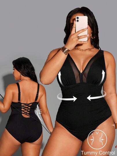 Shapewave Plus Size Black Knit Fabric Spaghetti Strap Criss-Cross Back Casual One-Piece Swimsuit
