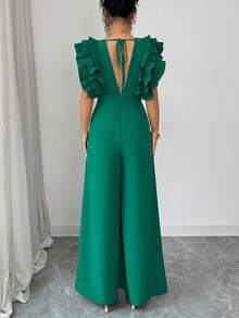 Elenzga Mono elegante y casual para mujer, de tela verde suave y cómoda, con diseño de mangas con doble capa de volantes plisados, casual y elegante, adecuado para salidas, viajes o eventos sociales, un artículo esencial en el guardarropa de la mujer - Verde - Ver 2