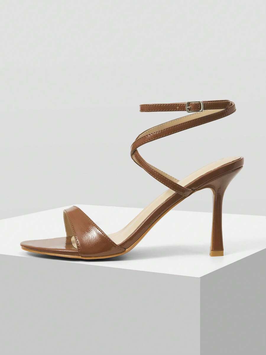 MOTF PREMIUM Sandal Hak Tinggi Satu Tali Ujung Bulat Kulit PU untuk Musim Semi - Coklat - View 1