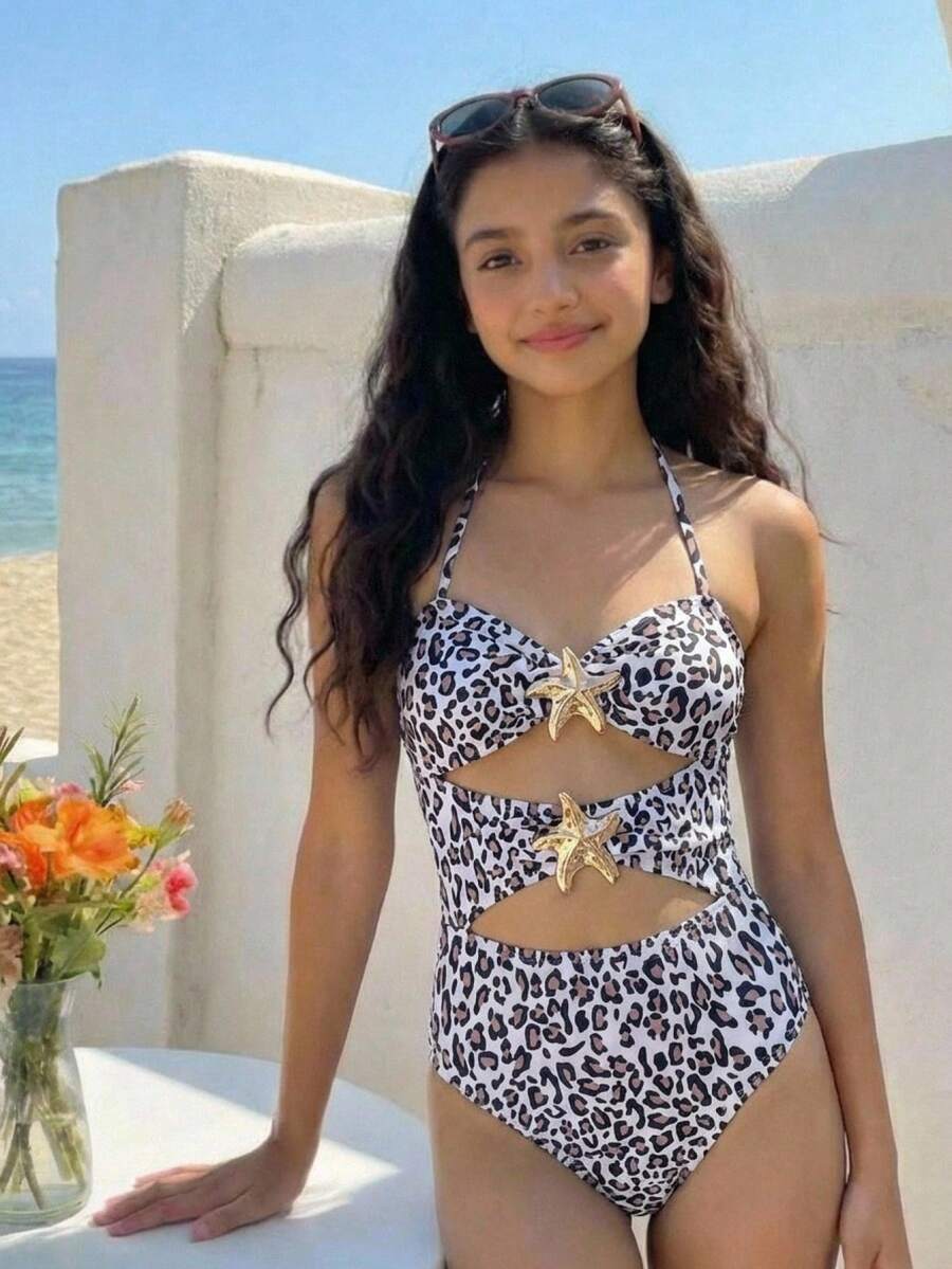 SHEIN Teen Girls Leopard Print 1pc Detachable Strap Hollow Starfish Accent Ruched One-Piece Swimsuit Summer,Beach - Multicolor - View 1