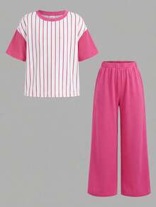 SHEIN 女童休闲舒适宽松卡通印花圆领T恤和裤子套装 - 玫紅色 - 查看 2