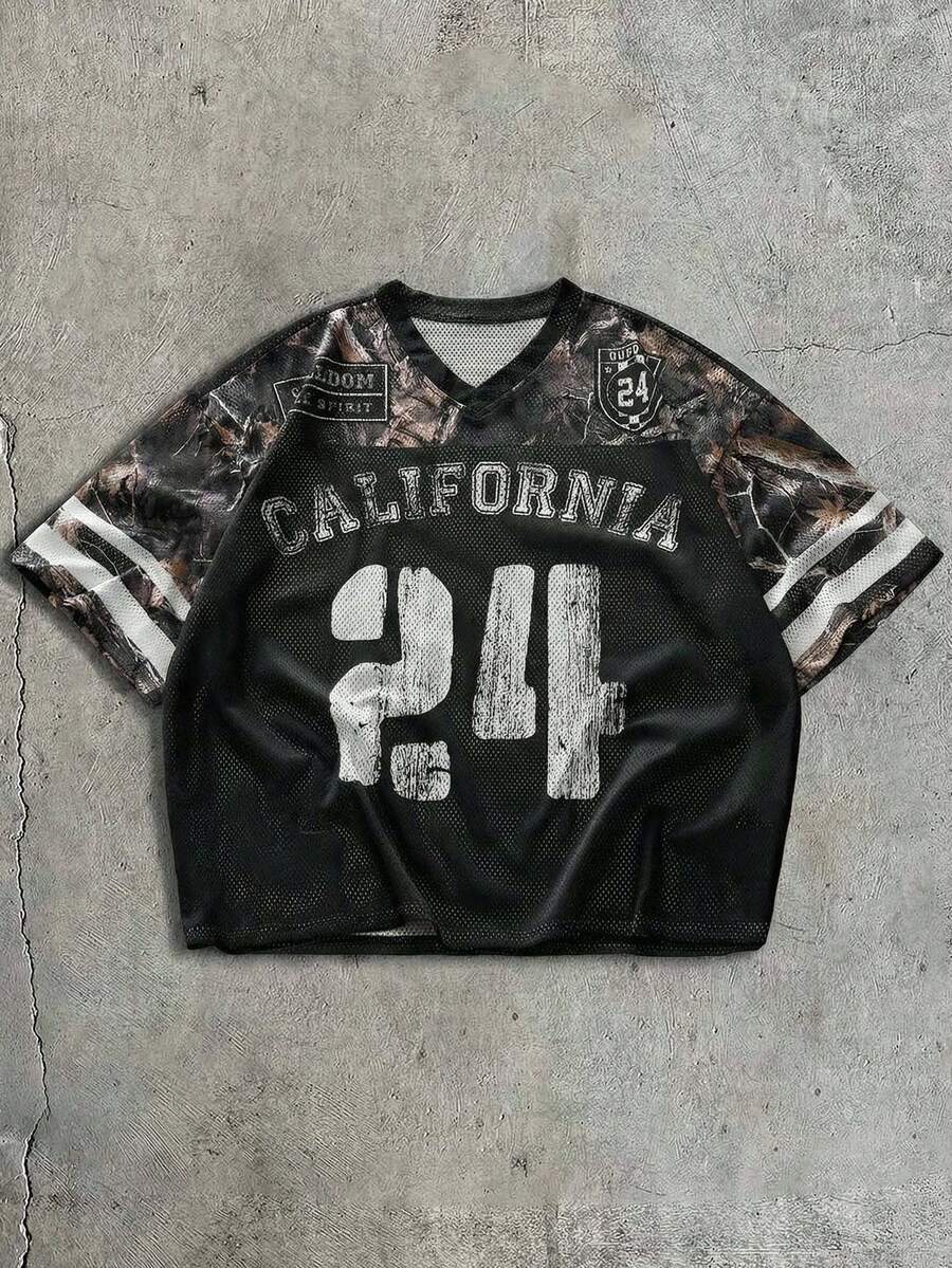 AXEPEAK 男士V领字母数字印花休闲百搭通勤短袖T恤 - 黑色 - 查看 1