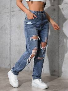 SHEIN ICON 女士口袋做旧锥形休闲百搭牛仔裤 - 中等水洗藍 - 查看 6