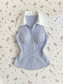 Elamini 女士蓝色条纹无袖衬衫，百搭时尚，适合日常、约会、海滩旅行、街头风、春夏穿着。 - 藍色 - 查看 1