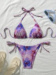 Swim Vcay Women's Sexy Random Print Halter Tie Bikini Set, Summer - Purple - View 1
