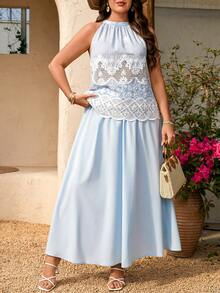Breezaya Conjunto de 2 peças com Blusa de Decote Halter e Saia, Estilo Elegante de Férias com Bordado e Renda, Adequado para Primavera/Verão, Volta às Aulas, Férias, Formatura, Dia dos Namorados, Natal, Festival de Música, Dia das Mães, Halloween, Ação de Graças, Páscoa, Dia Nacional, Baile de Formatura, Aniversário, Encontro, Casamento, Atividades ao Ar Livre - Azul - Visão 1