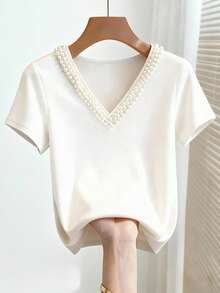 Franclia Diseño estilo francés, camiseta de mujer con cuello en V muy adornada con rhinestones y mangas cortas, nuevo estilo de verano 2026, camiseta blanca, top estilizador, verano, día de San Valentín para mujeres, top de fiesta, top elegante de mujer, casual de mujer, top blanco. - Albaricoque - Ver 5