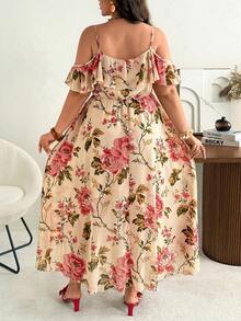 Ceyna Đầm maxi trễ vai hai dây bằng chiffon họa tiết hoa, thanh lịch, thoải mái dành cho nữ cỡ lớn, phù hợp cho đi biển, du lịch, dã ngoại và mặc hàng ngày. - Màu be - Xem 3