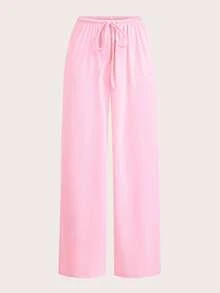 SHEIN EZwear 女士休闲宽松抽绳阔腿裤，95%棉混纺，两种颜色可选，适合春秋夏季穿着。是夏季度假、比赛、运动、球迷周边、世界杯、假日季、返校季、音乐节、日常穿搭的理想之选。 - 彩色 - 查看 3