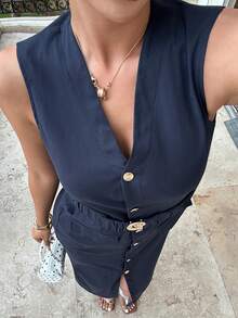 Siren Gaze V领无袖亚麻连衣裙，配腰带，修身开襟连衣裙，纽扣衬衫裙，休闲中长连衣裙，商务休闲连衣裙，夏季女士休闲连衣裙 - 藏蓝色 - 查看 7