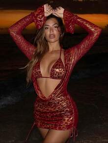 Swim SXY 3pcs Women's New Leopard Print Halter Swimwear Top, Side Tie Swimwear Bottoms, And Long Sleeve Cover Up Dress Swimwear Set - Multicolor - View 3