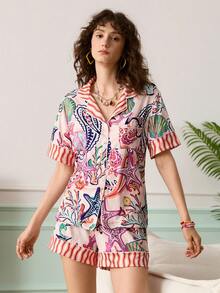 Young Ocean Life & Plant Colorblock Wavy Bright Color Front Button Collar Innovative Design Women Summer Vacation Pajama Set - Multicolor - View 6