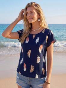 Sylviya Feather Print Keyhole Neck Batwing Sleeve Blouse,Casual - Navy Blue - View 4